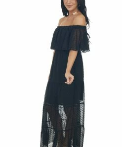 EPretty Dresses Black Swiss Dot Ruffled Off The Shoulder Maxi Dress