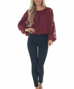 Peach Love Tops Maroon Jacquard Bubble Sleeve Cropped Blouse