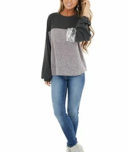 12PM Tops Charcoal Leopard Print Puff Sleeve Top With Sequin Pocket