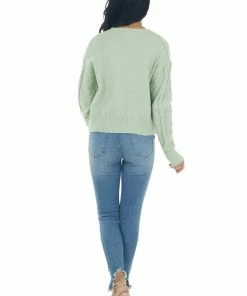 Miss Sparkling Pastel Sage Knit Crop Top And Cardigan Set