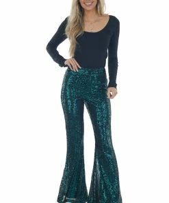 Rousseau Bottoms Black And Pine Sequined Bell Bottom Pants