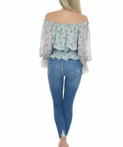 Eesome Tops Arctic Blue Floral Print Smocked Waist Blouse