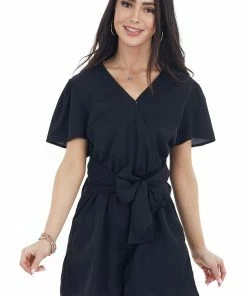 EPretty Black V Neckline Short Sleeve Romper With Front Tie Detail Dresses 26 EPretty Black V Neckline Short Sleeve Romper With Front Tie Detail Dresses