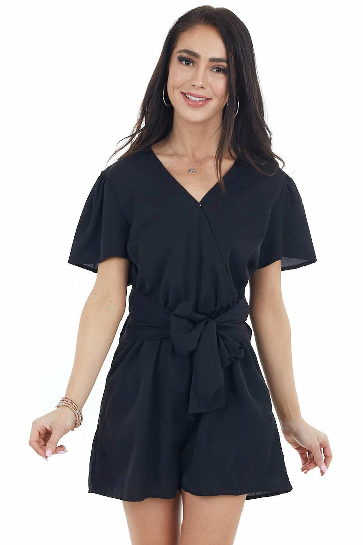 EPretty Black V Neckline Short Sleeve Romper With Front Tie Detail Dresses 11 EPretty Black V Neckline Short Sleeve Romper With Front Tie Detail Dresses