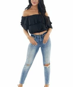 She + Sky Black Off The Shoulder Short Sleeve Overlaying Crop Top Tops