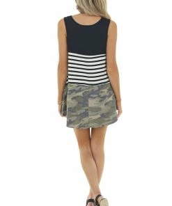 HEIMISH Black Camo And Stripe Colorblock Knit Tunic Tank Top