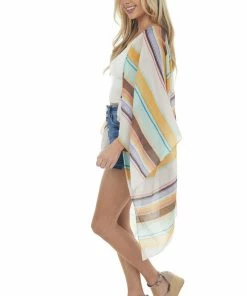 Umgee Mint Multicolor Striped Open Front Kimono