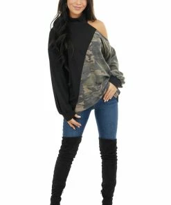 BiBi Black Cold Shoulder Long Sleeve Top With Camouflage Contrast Tops