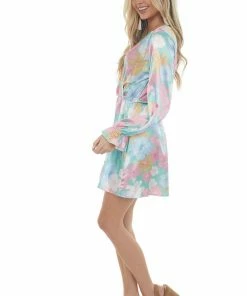 Peach Love Seafoam Floral Print Surplice Satin Short Dress Dresses
