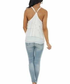 Entro White Thread Printed Sleeveless Ruffle Blouse With Racerback Tops