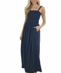 Davi & Dani Dresses Navy Blue Sleeveless Smocked Ruffle Maxi Dress