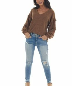 143 Story Tops Sepia Ribbed Knit Top With Ruffle Puff Sleeves