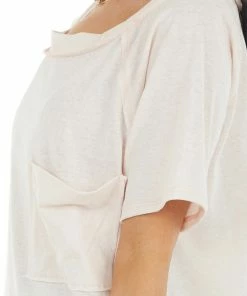 BiBi Tops Blush Two Tone Short Sleeve Knit Top With Raw Details 33 BiBi Tops Blush Two Tone Short Sleeve Knit Top With Raw Details