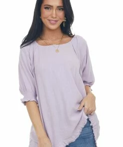 Umgee Lilac Woven Half Bubble Sleeve Top With Frayed Hem Tops