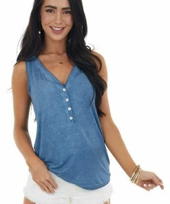 POL Clothing Ocean Stretchy Knit Tank Top With Buttons