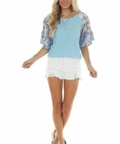 BiBi Azure And Floral Print Sleeve Raglan Top Tops