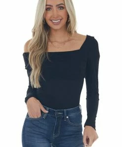 143 Story Black Off Shoulder Overlay Detail Bodysuit Tops