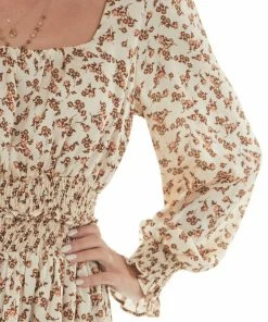 Hailey & Co Dresses Latte Floral Long Sleeve Tiered Short Dress