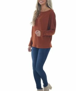 143 Story Cinnamon Waffle Knit Dolman Lace Sleeve Top
