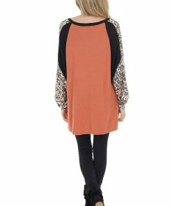 First Love Rust Leopard Print Colorblock Long Sleeve Loose Fit Top