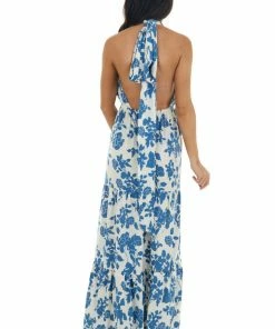 Dress Day Steel Blue And Ivory Floral Print Maxi Dress