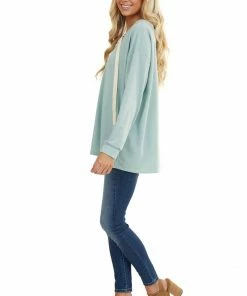 BiBi Seafoam Long Sleeve Top With Lace Up Deep V Neckline Tops 29 BiBi Seafoam Long Sleeve Top With Lace Up Deep V Neckline Tops