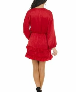 Peach Love Cherry Surplice Ruffled Satin Mini Dress With Elastic Waist Dresses