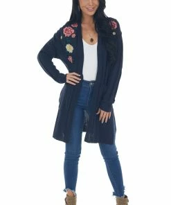 IWT Brands Navy Ribbed Cardigan With Floral Embroidery Tops 16 IWT Brands Navy Ribbed Cardigan With Floral Embroidery Tops