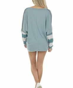 BiBi Teal Striped Dolman Sleeve Contrast Knit Top