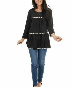 Entro Black Tiered Long Sleeve Top With Leopard Print Details Tops 27 Entro Black Tiered Long Sleeve Top With Leopard Print Details Tops