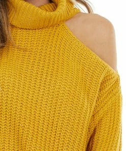 La Miel Mustard Long Sleeve Knit Sweater With Cold Shoulder
