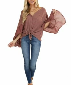 Listicle Mauve Waffle Knit Button Up Top With Trumpet Sleeves Tops
