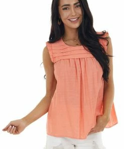 L Love Coral Sleeveless Woven Top With Keyhole Detail