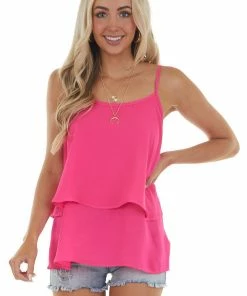 VISION Hot Pink Double Layer Flowy Sleeveless Blouse Tops