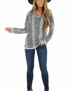 Hailey & Co Stone Grey Long Sleeve Snake Print Top With Raw Seam Details