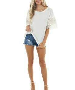 BiBi Tops Ivory Leopard Print Short Sleeve Waffle Knit Top With Lace