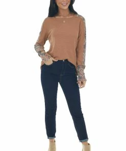 BiBi Camel And Floral Waffle Knit Long Sleeve Top Tops