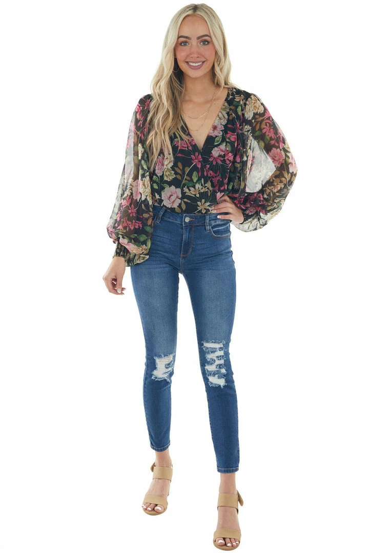 Flying Tomato Tops Black Floral Surplice Bubble Sleeve Bodysuit 13 Flying Tomato Tops Black Floral Surplice Bubble Sleeve Bodysuit
