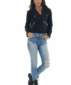 HYFVE Black Faux Suede Double Lapel Fashion Jacket Outerwear