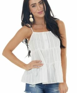 Andree Off White Textured Tiered Woven Cami With Button Details