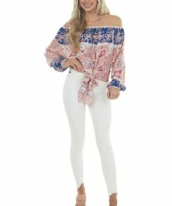 Umgee Coral Floral Print Long Bubble Sleeve Off Shoulder Woven Top Tops