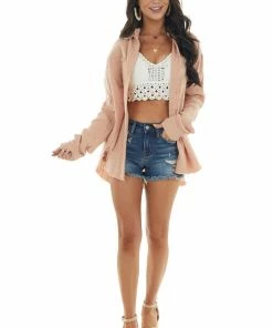 La Miel Tops Apricot Button Up Top With Frayed Edges Detail 17 La Miel Tops Apricot Button Up Top With Frayed Edges Detail