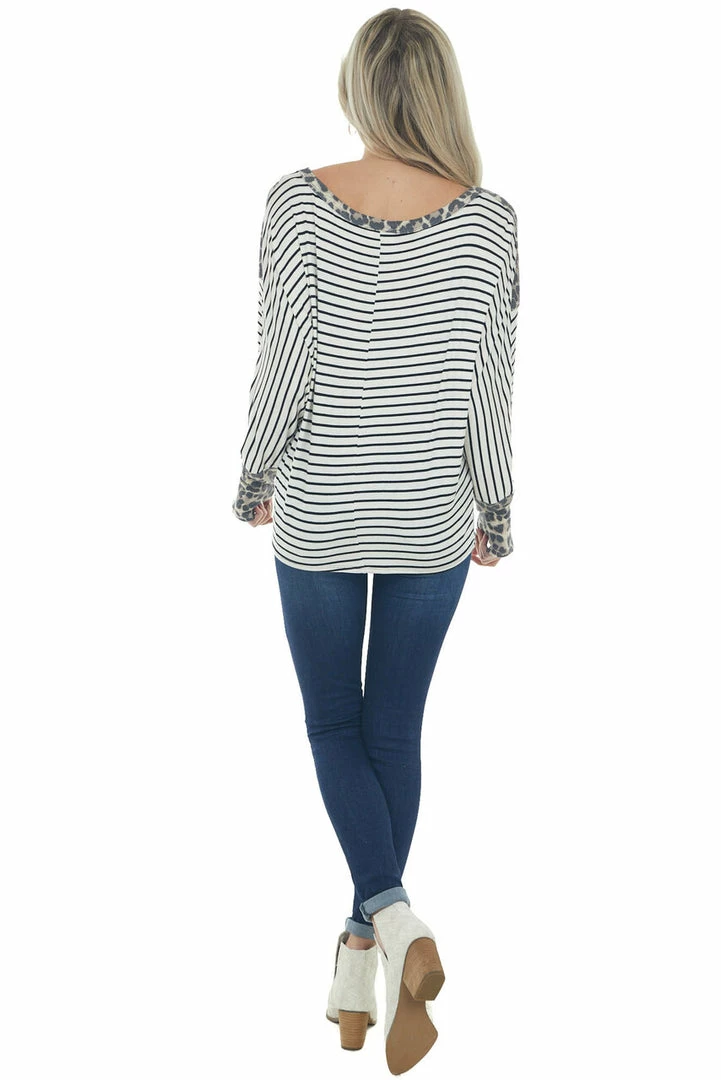 BiBi Ivory Stripe Top With Leopard Thermal Knit Detail 7 BiBi Ivory Stripe Top With Leopard Thermal Knit Detail