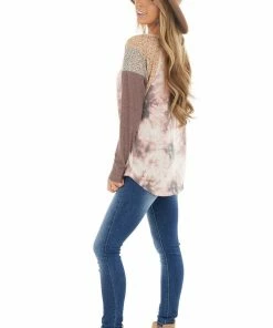 7th Ray Mauve Tie Dye Top With Multiprint And Braided Detail Sleeves Tops
