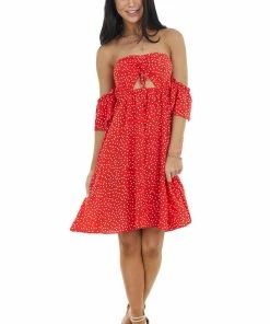 EPretty Lipstick Red Polka Dot Off The Shoulder Dress With Ruching