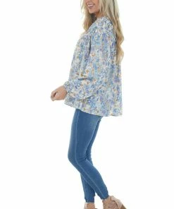 Entro Powder Blue Floral Print Bubble Sleeve Blouse