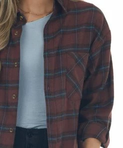 Lime Lush Tops Mahogany Plaid Single Chest Pocket Flannel