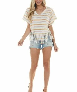 Peach Love Cream Multicolor Striped Fringed Hem Knit Top