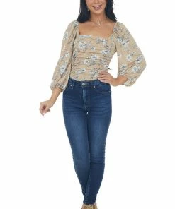 Ces Femme Tops Oatmeal And Ivory Floral Peasant Sleeve Top