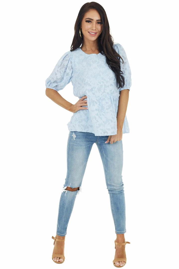 Staccato Tops Powder Blue Floral Lace Peplum Top With Short Puff Sleeves 13 Staccato Tops Powder Blue Floral Lace Peplum Top With Short Puff Sleeves